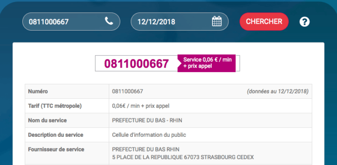 L'agenda inversé de infosva.org confirme que la préfecture du Bas-Rhin dispose du numéro. // Source : Capture d'écran du 12/12/2019 à 15h20