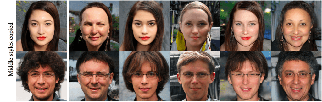 Dans cet exemple, les chercheurs ne font varier que les attributs moyen. La posture et la forme du visage reste la même. // Source : Nvidia