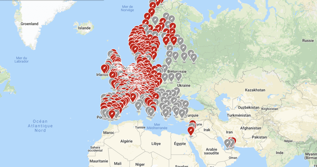 Carte des Superchargeurs en Europe (en gris, les ouvertures prochaines) // Source : Tesla
