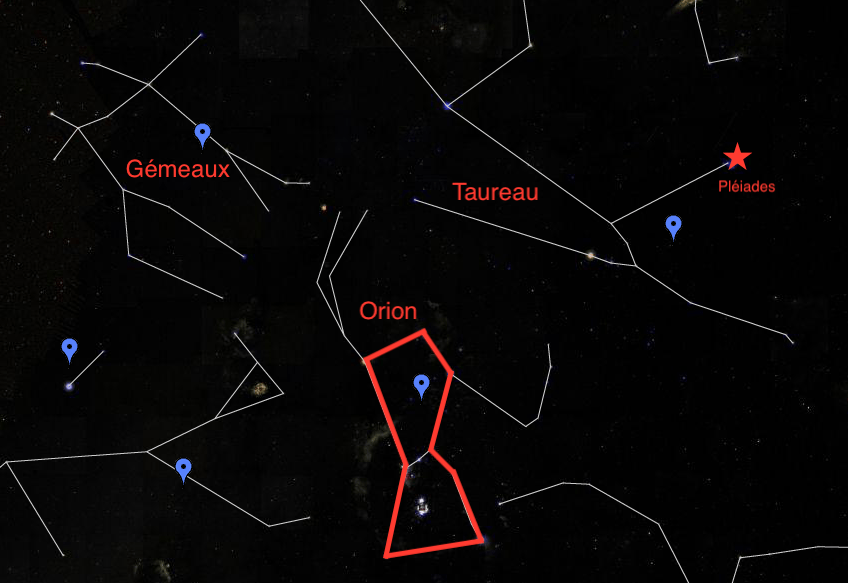 Comment trouver la comète Wirtanen. // Source : Capture d'écran Google Sky (modifications par Nelly Lesage pour Numerama)