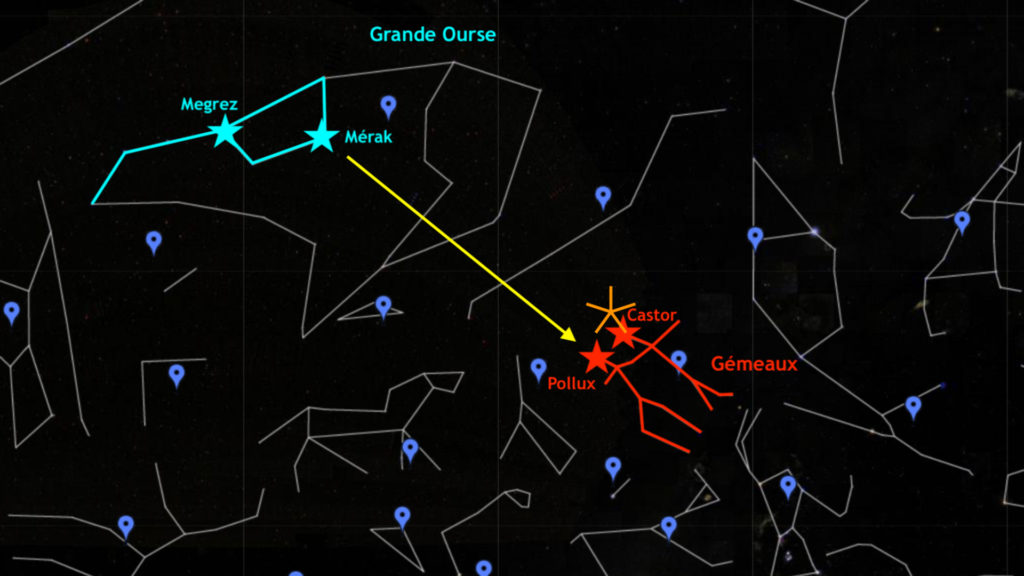 Une astuce pour trouver le radiant des Géminides (en orange). // Source : Capture d'écran Google Sky, annotations Numerama&ie
