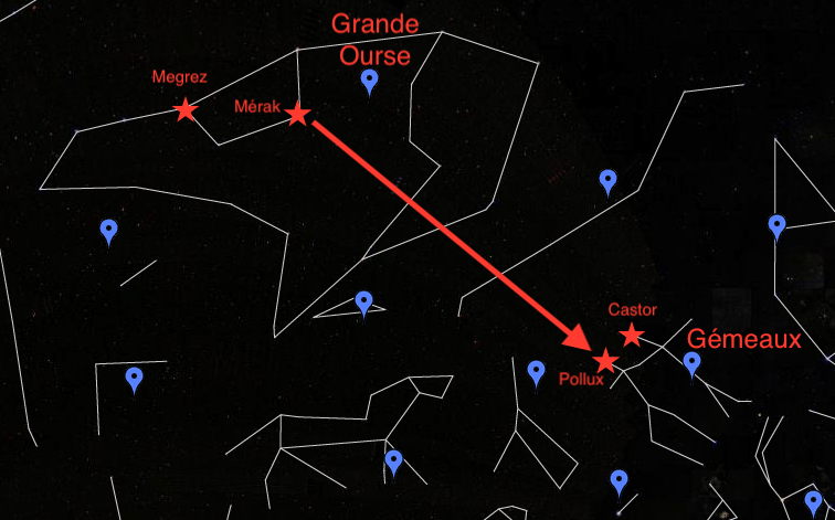 La position des constellations de la Grande Ourse et des Gémeaux. // Source : Capture d'écran Google Sky