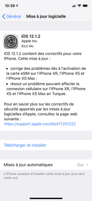 iPhone mise à jour iOS 12.1.2 // Source : Capture d'écran Numerama