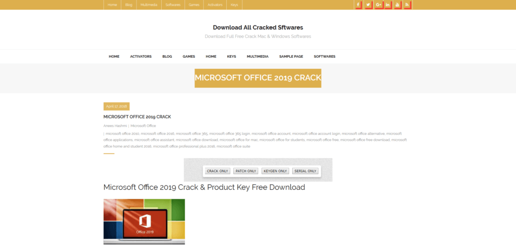 site promettant le piratage de Microsoft Office 2019