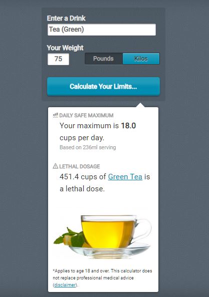 La quantité de thé vert à ne pas dépasser. // Source : Capture d'écran / Caffeine Calculator