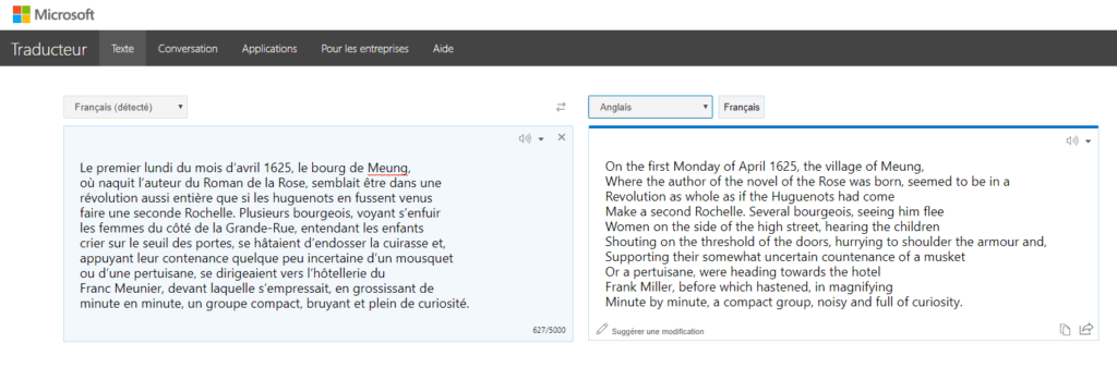 Un exemple de traduction de l'introduction des Trois Mousquetaires par Bing translator.