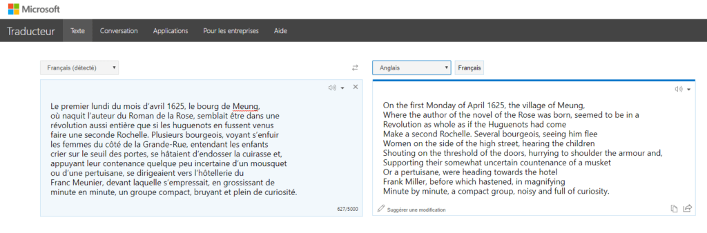 Un exemple de traduction de l'introduction des Trois Mousquetaires par Bing translator. Un exemple de traduction de l'introduction des Trois Mousquetaires par Bing translator.