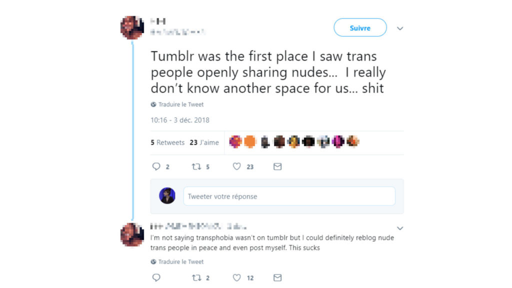 Un internaute regrette la décision de Tumblr. Il explique que c'est là qu'il a vu pour la première fois des personnes transexuelles partager des nudes. // Source : Capture d'écran Twitter
