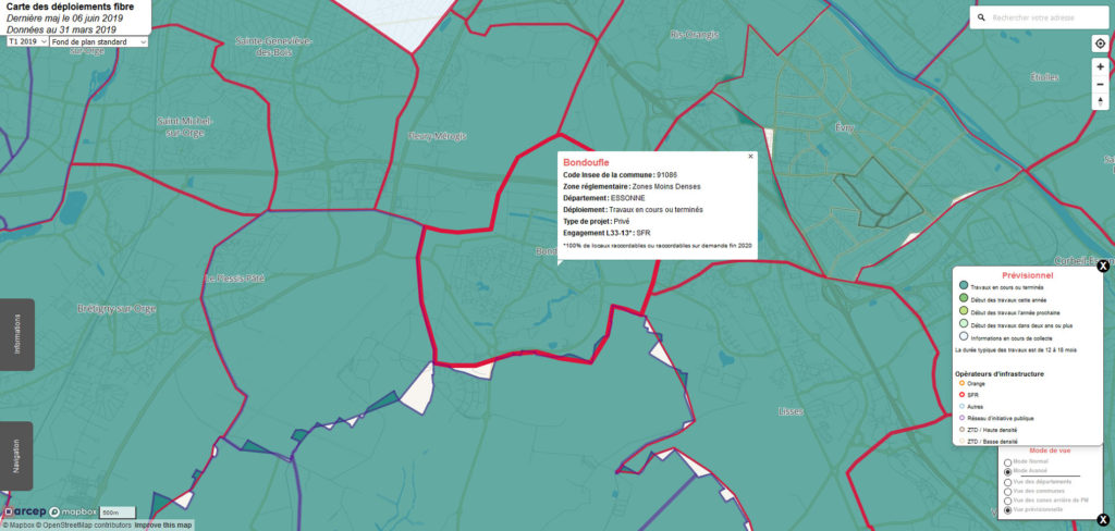 Vue prévisionnelle Carte des déploiements fibre ftth