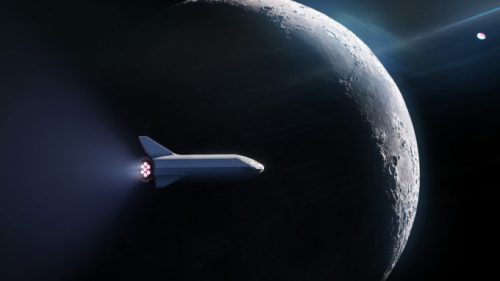 La « Big Fucking Rocket » devant la Lune. // Source : SpaceX