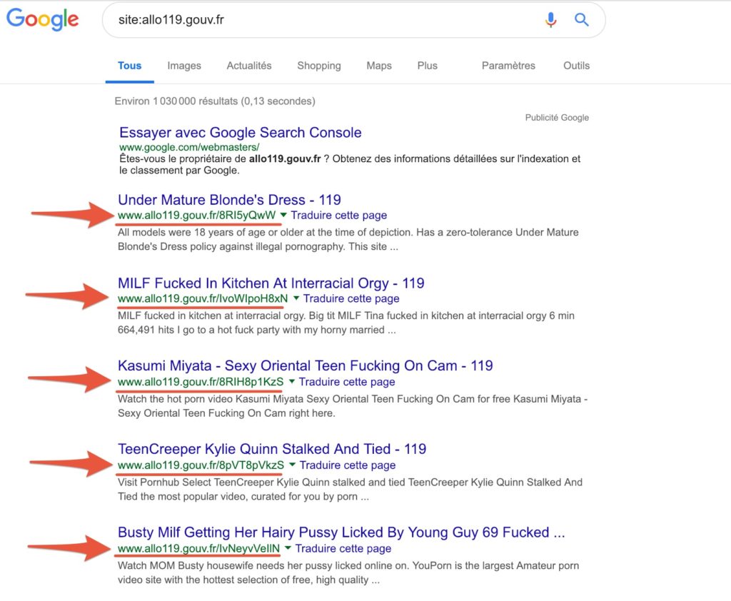 Capture d'écran d'une recherche Google dans le site allo119.gouv.fr // Source : Google/Numerama Capture d'écran d'une recherche Google dans le site allo119.gouv.fr // Source : Google/Numerama