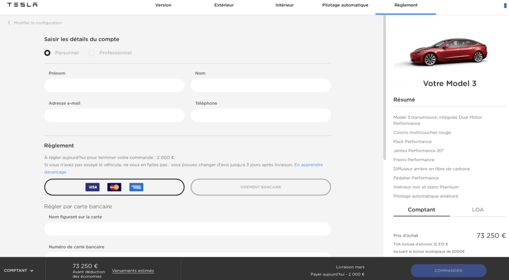 Configurateur Tesla Model 3 en France // Source : Capture d'écran Configurateur Tesla Model 3 en France // Source : Capture d'écran