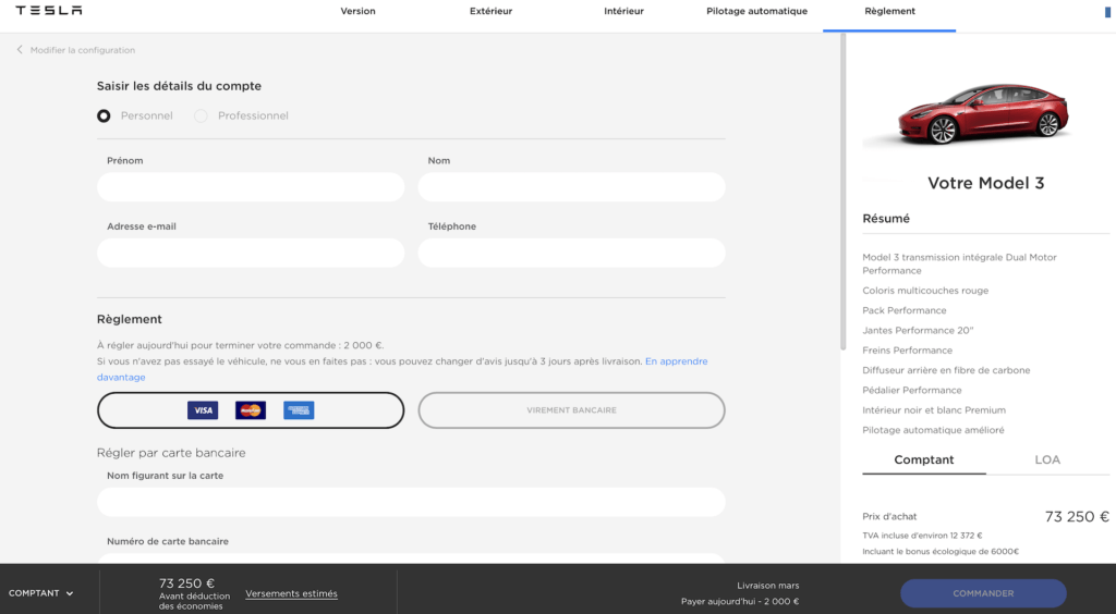 Configurateur Tesla Model 3 en France // Source : Capture d'écran