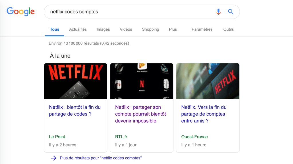 Capture d'écran d'une recherche Google "netflix codes comptes" le 14 janvier 2019