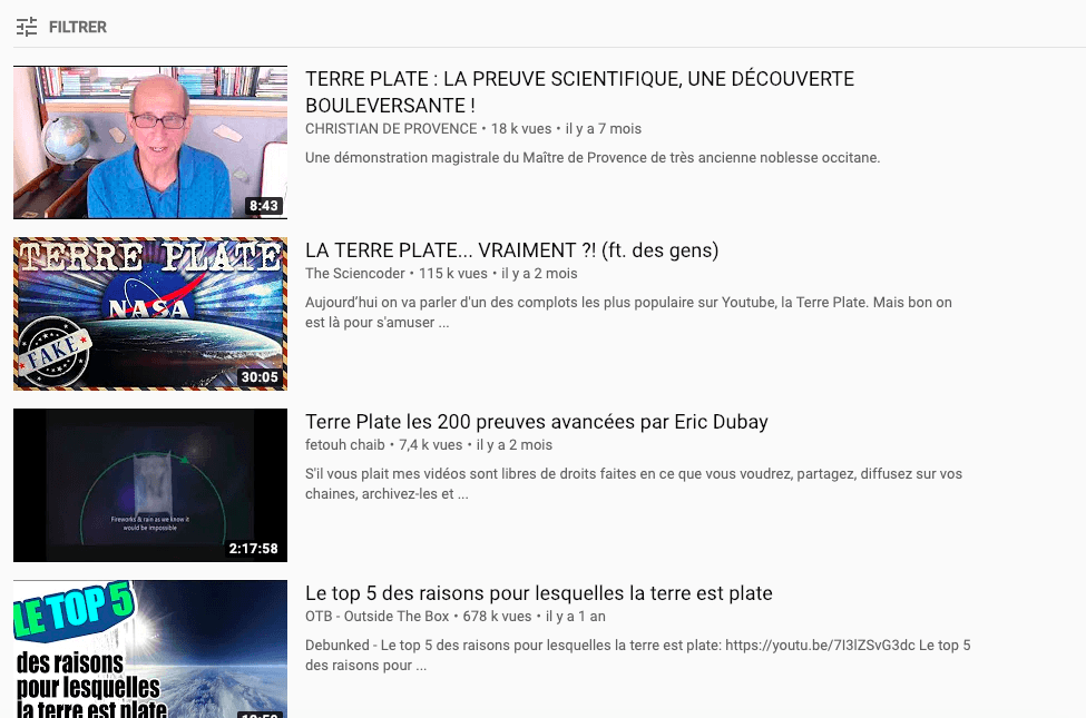 Taper Terre Plate dans YouTube aujourd'hui n'amène aucune vidéo scientifique sur le sujet // Source : YouTube