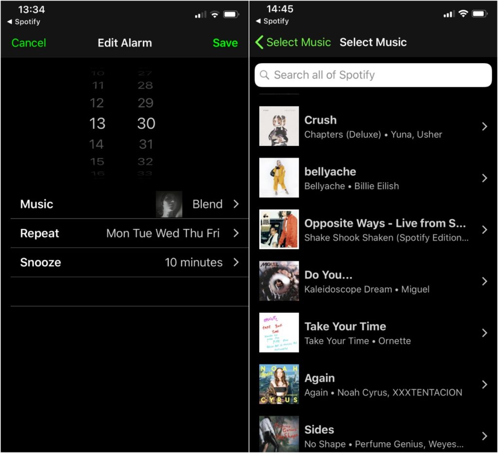 Capture d'écran de Spotify Alarm Clock // Source : Numerama