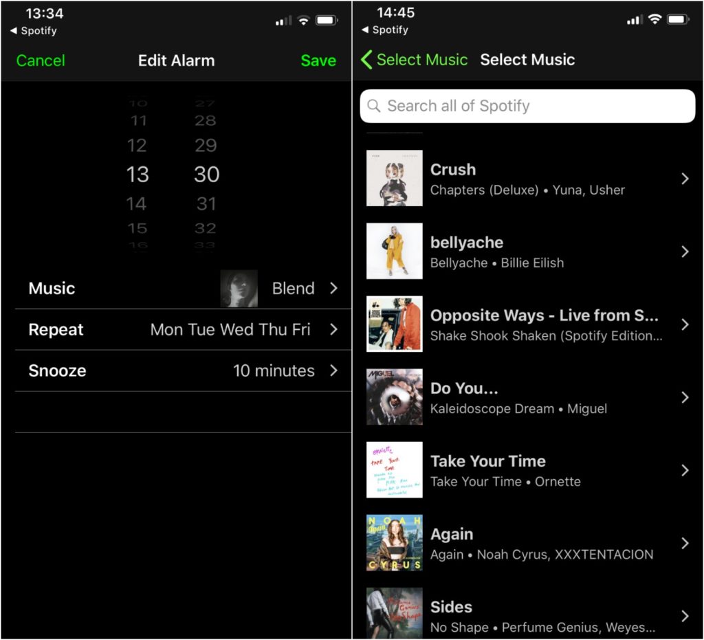Capture d'écran de Spotify Alarm Clock // Source : Numerama Capture d'écran de Spotify Alarm Clock // Source : Numerama