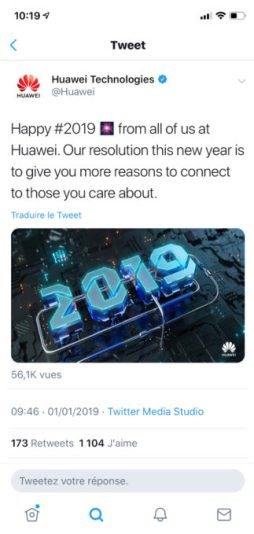 Le tweet 'Bonne année' de Huawei (version corrigée) // Source : Capture Twitter Le tweet 'Bonne année' de Huawei (version corrigée) // Source : Capture Twitter