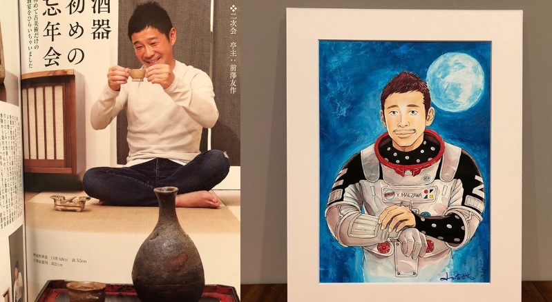 Yusaku Maezawa, à gauche. À droite, il est dessiné dans un habit d'astronaute. // Source : Captures d'écran Instagram / Yusaku Maezawa