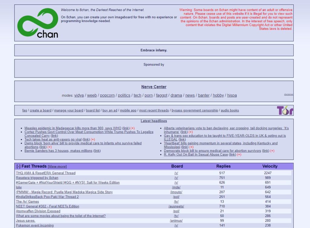 La page d'accueil de 8chan. // Source : Capture d'écran Numerama / 8chan