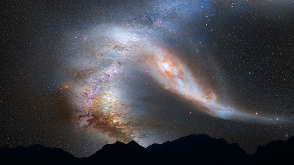 La future collision entre Andromède et la Voie lactée, vue de la Terre. // Source : Pixabay