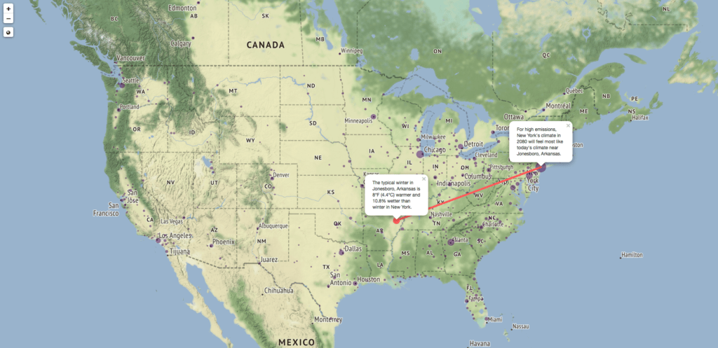 Quel sera le climat aux États-Unis dans 60 ans ? // Source : Capture d'écran fitzlab.shinyapps.io/cityapp