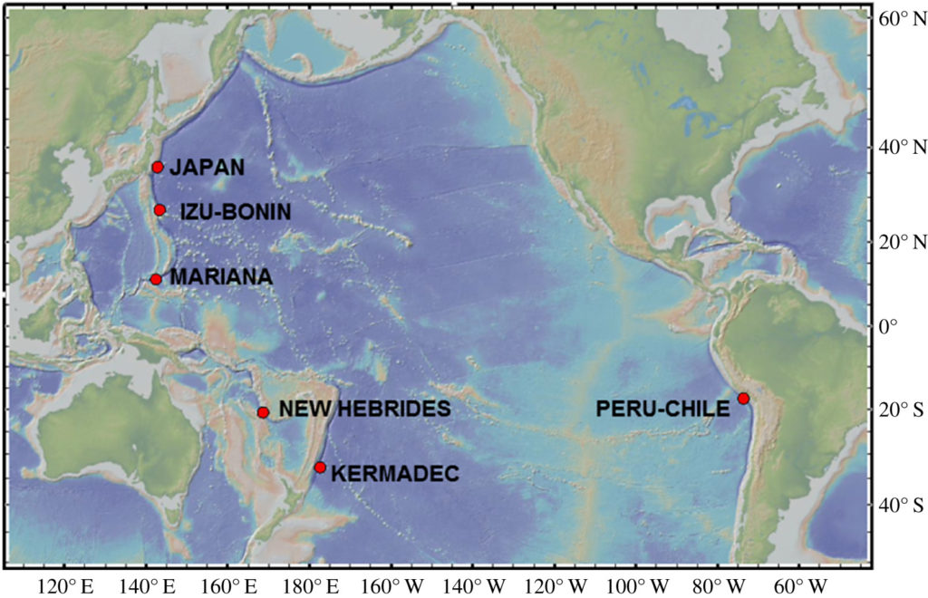 Les fosses océaniques étudiées // Source : Royal Society Open Science, Jamieson, Brooks, Reid, Piertney, Narayanaswamy, Linley