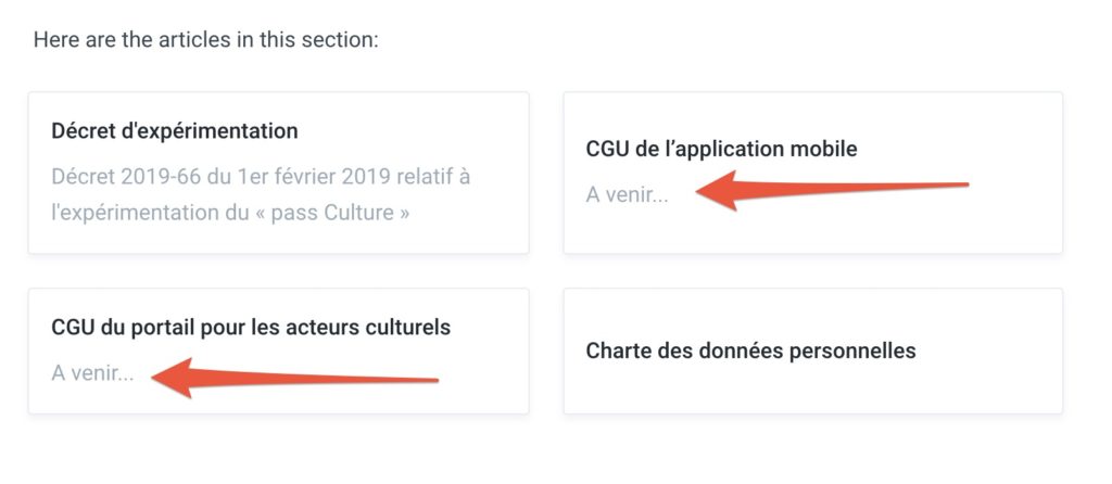 Les CGU pas encore accessibles le 4 février 2019 // Source : Pass-culture.fr