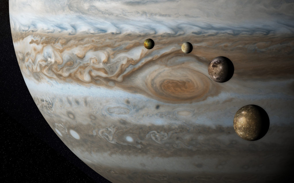 Io, Europe, Ganymède et Callisto, quatre lunes de Jupiter... pas plus grosses que la Terre // Source : Flickr/CC/Kevin Gill (photo recadrée)