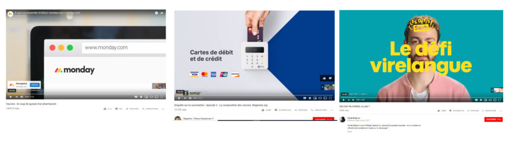 Des publicités sur des vidéos contenant de fausses informations. // Source : Captures d'écran YouTube / Numerama