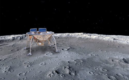 Une vue d'artiste de Beresheet sur la Lune. // Source : Wikimedia/CC/Oshratsl (photo recadrée)
