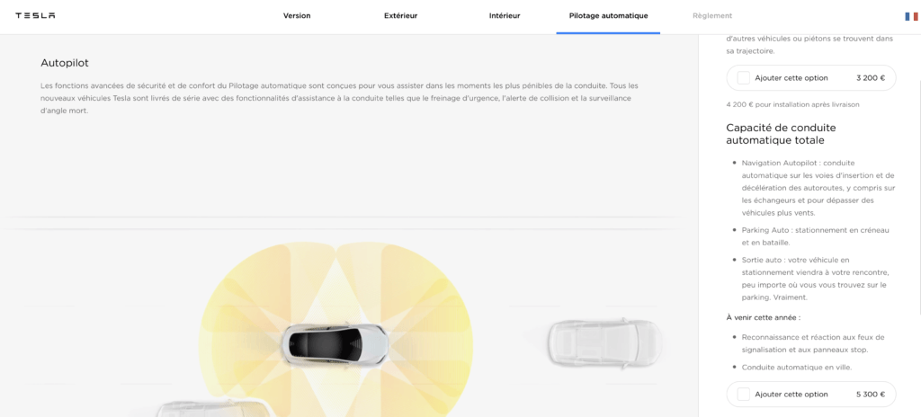 Options Autopilote Tesla // Source : Capture du 1er mars 2019 Options Autopilote Tesla // Source : Capture du 1er mars 2019