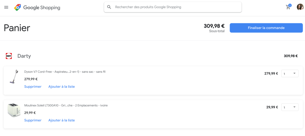 Le panier sur Google Shopping