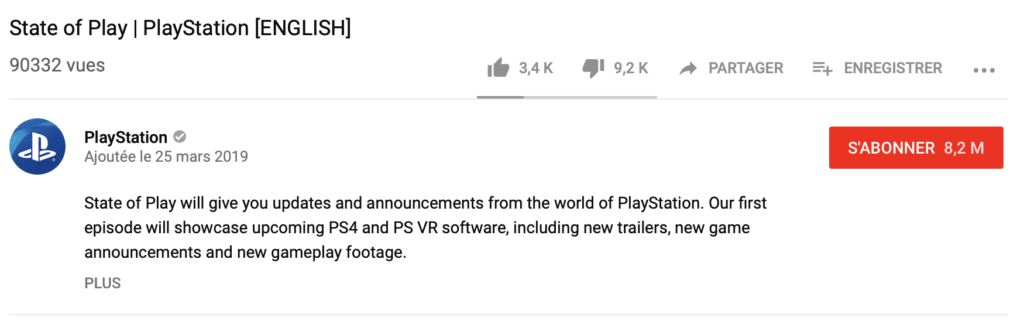 Nombre de likes et dislikes sur la vidéo State of Play de Sony