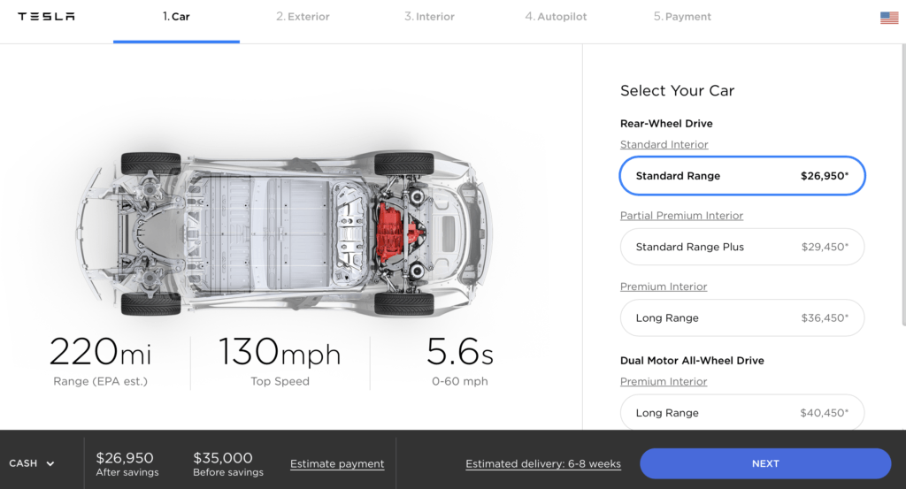 Configurateur Tesla Model 3 US // Source : Tesla Configurateur Tesla Model 3 US // Source : Tesla