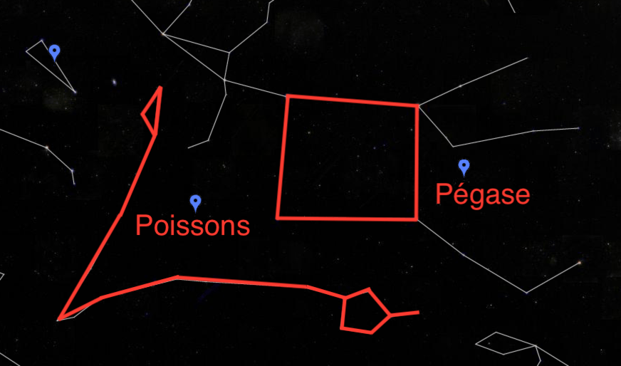 La constellation des Poissons. // Source : Capture d'écran Google Sky, annotations Numerama