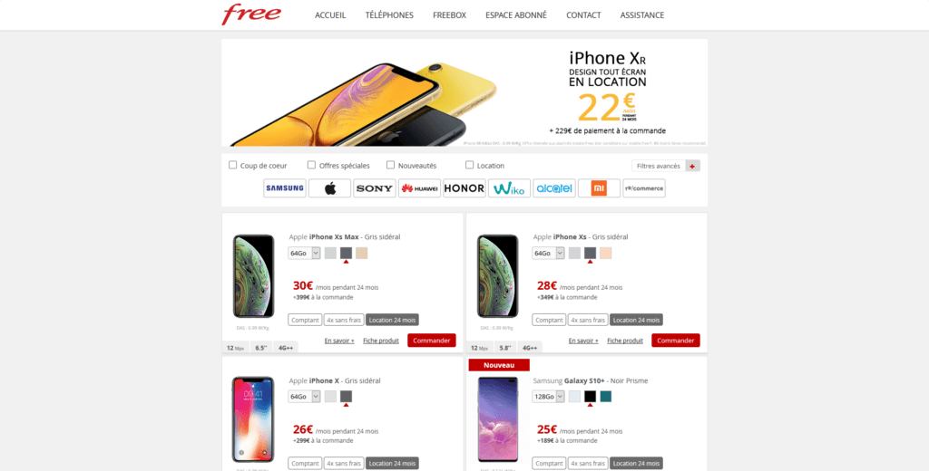 La page présentant les smartphones accessibles en location. La page présentant les smartphones accessibles en location.