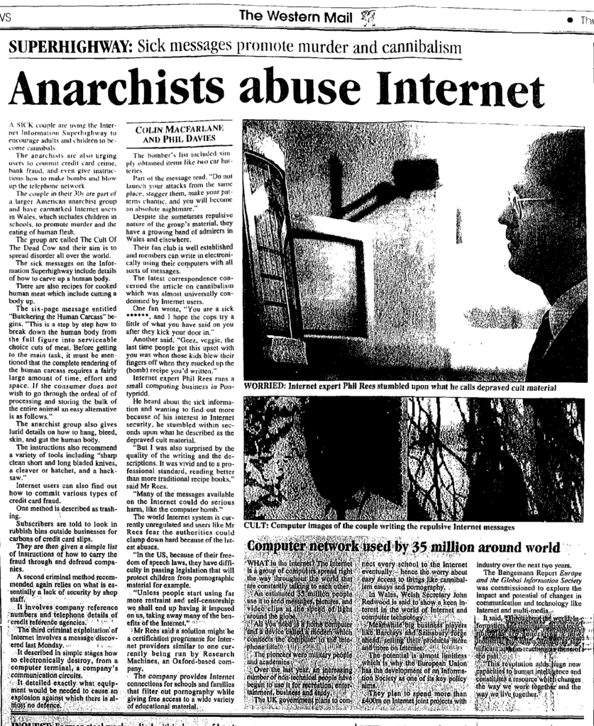 Les anarchistes abusent d'Internet, un article du Western Mail en 1995 qui évoque le cDc. // Source : Rhys Jones