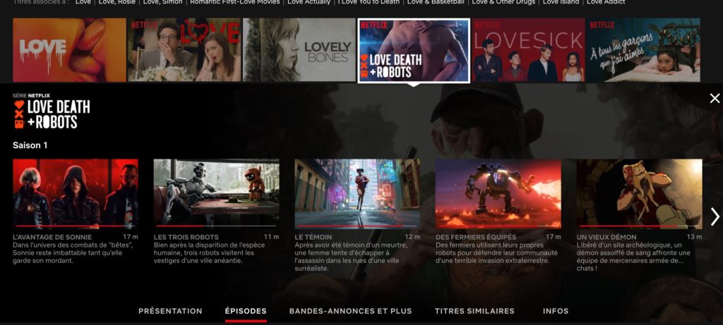 L'ordre des épisodes "Love, Death and Robots" sur notre compte Netflix // Source : Numerama