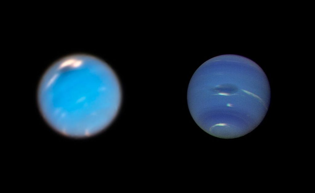 À gauche, Neptune observée par Hubble en 2018. À droite, l'image de Voyager 2 en 1989. // Source : NASA/ESA/GSFC/JPL