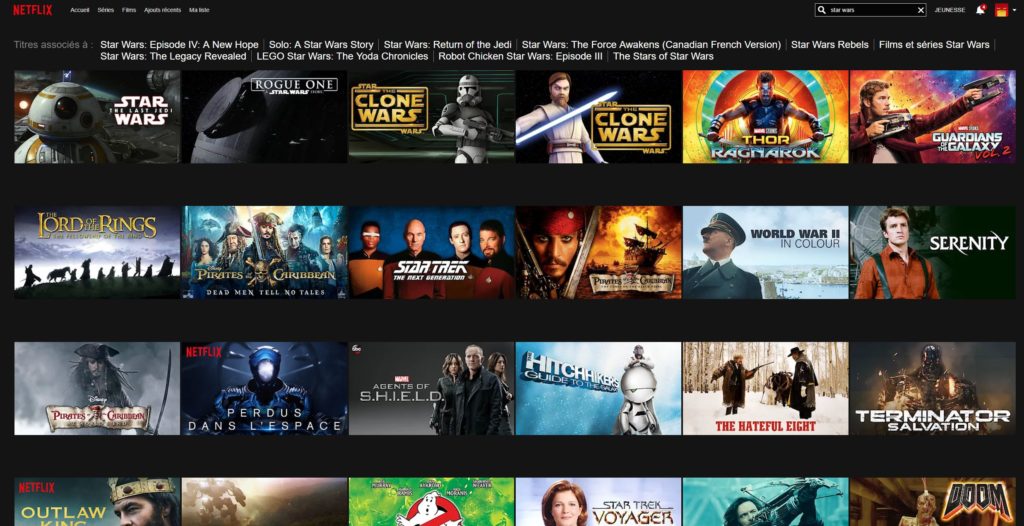 Connecté à un VPN, il est possible d'accéder facilement au catalogue américain de Netflix, qui comprend une bonne partie des derniers Star Wars.