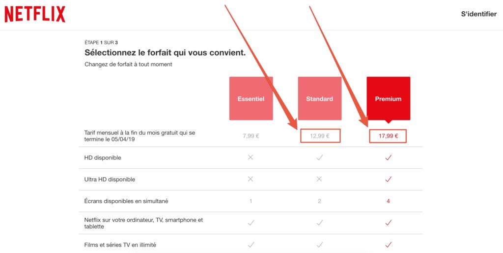 Capture d'écran des tarifs français proposés le 6 mars 2019 // Source : Numerama