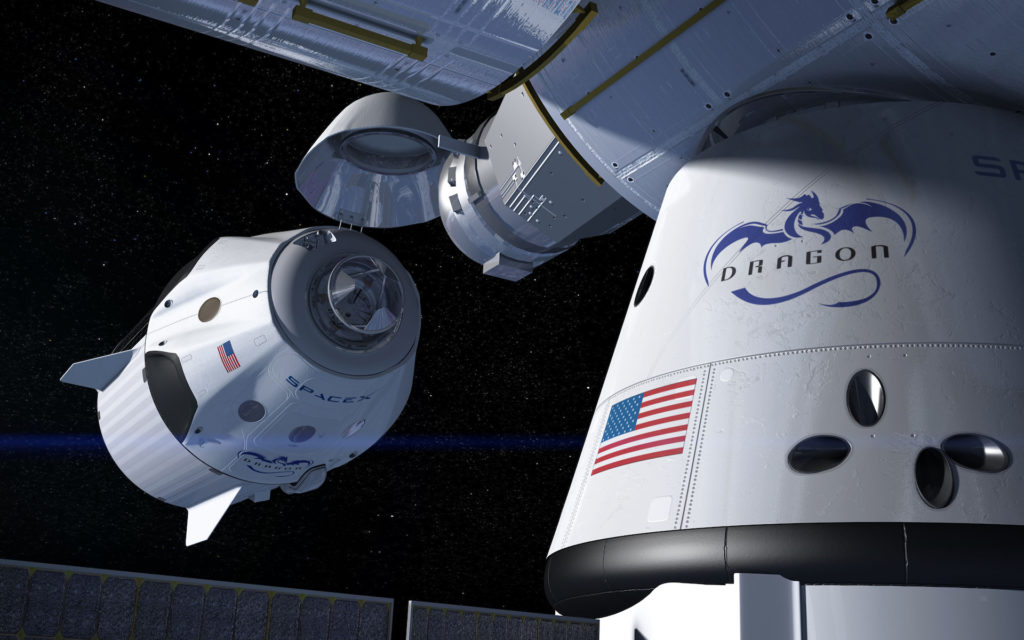 Une capsule Dragon en train de s'amarrer à l'ISS. // Source : Flickr/CC/NASA Kennedy (photo recadrée)