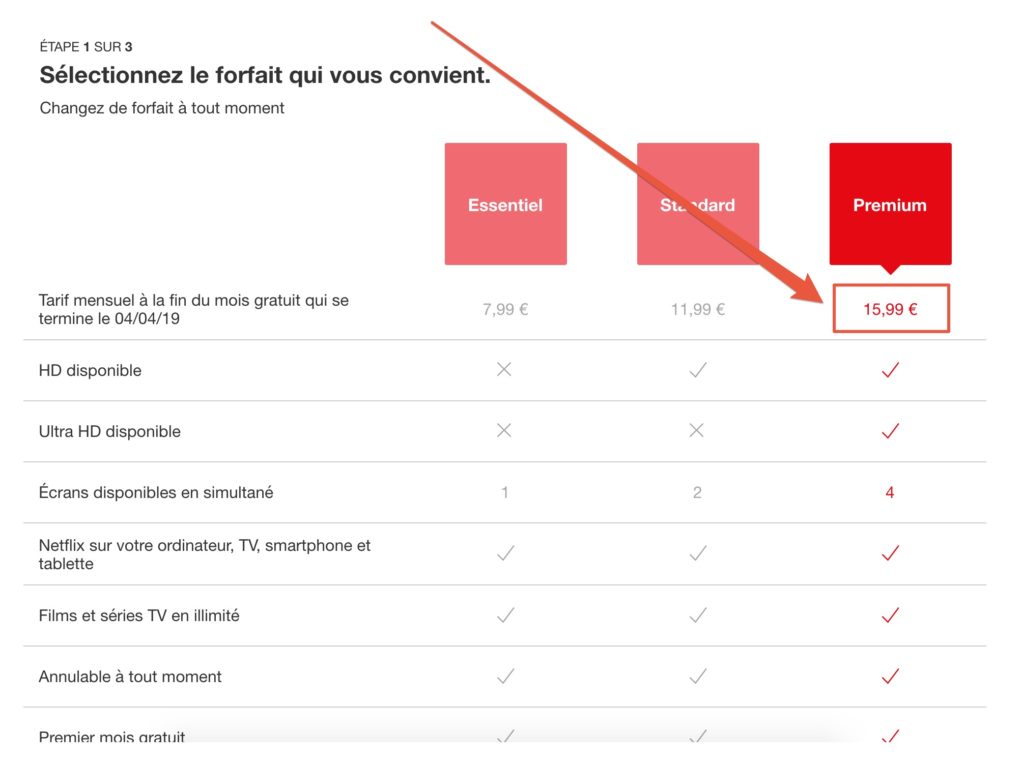 Capture d'écran des tarifs français proposés le 5 mars 2019 // Source : Numerama