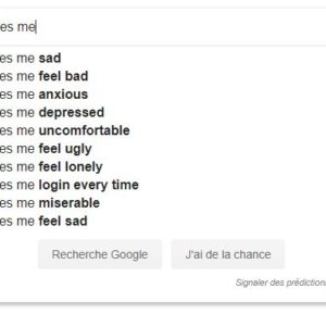 Une recherche Google faite par Judith Duportail. Lorsqu'on tape « Tinder me rend » en anglais, les résultats sont édifiants. // Source : Capture d'écran Numerama Une recherche Google faite par Judith Duportail. Lorsqu'on tape « Tinder me rend » en anglais, les résultats sont édifiants. // Source : Capture d'écran Numerama