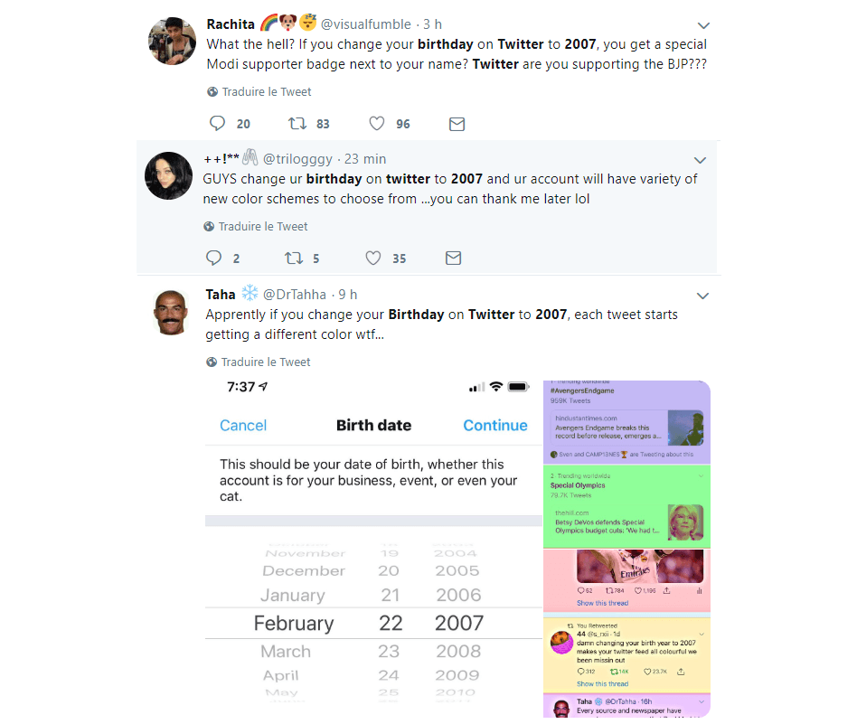 Des internautes vous incitent à changer la date de naissance de votre profil. // Source : Captures d'écran Twitter / Numerama
