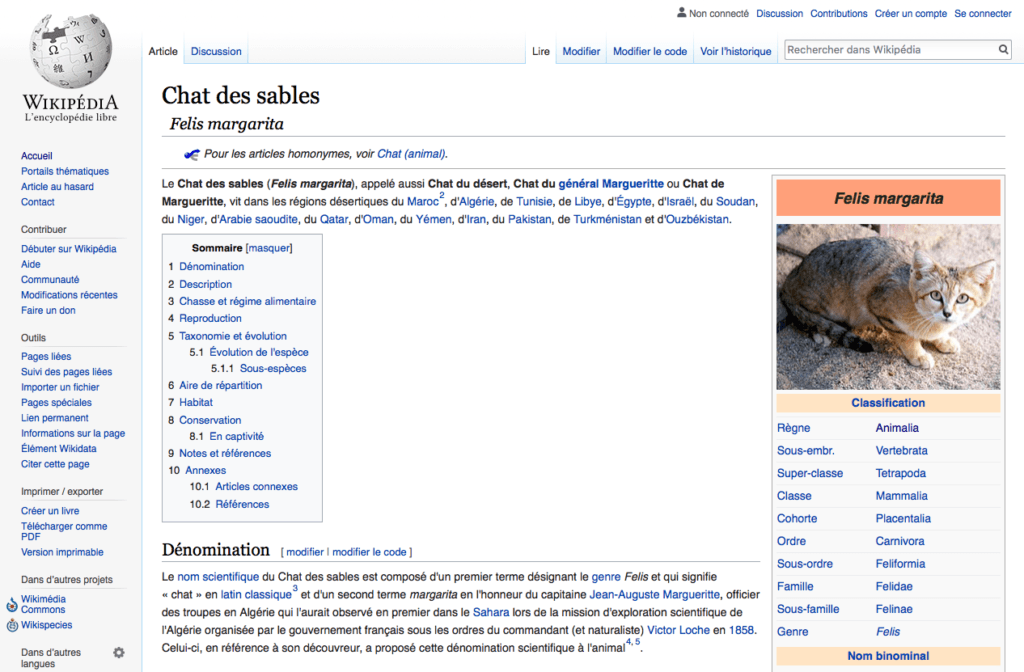 La page Chat des sables sur Wikipédia. // Source : Capture d'écran Wikipédia