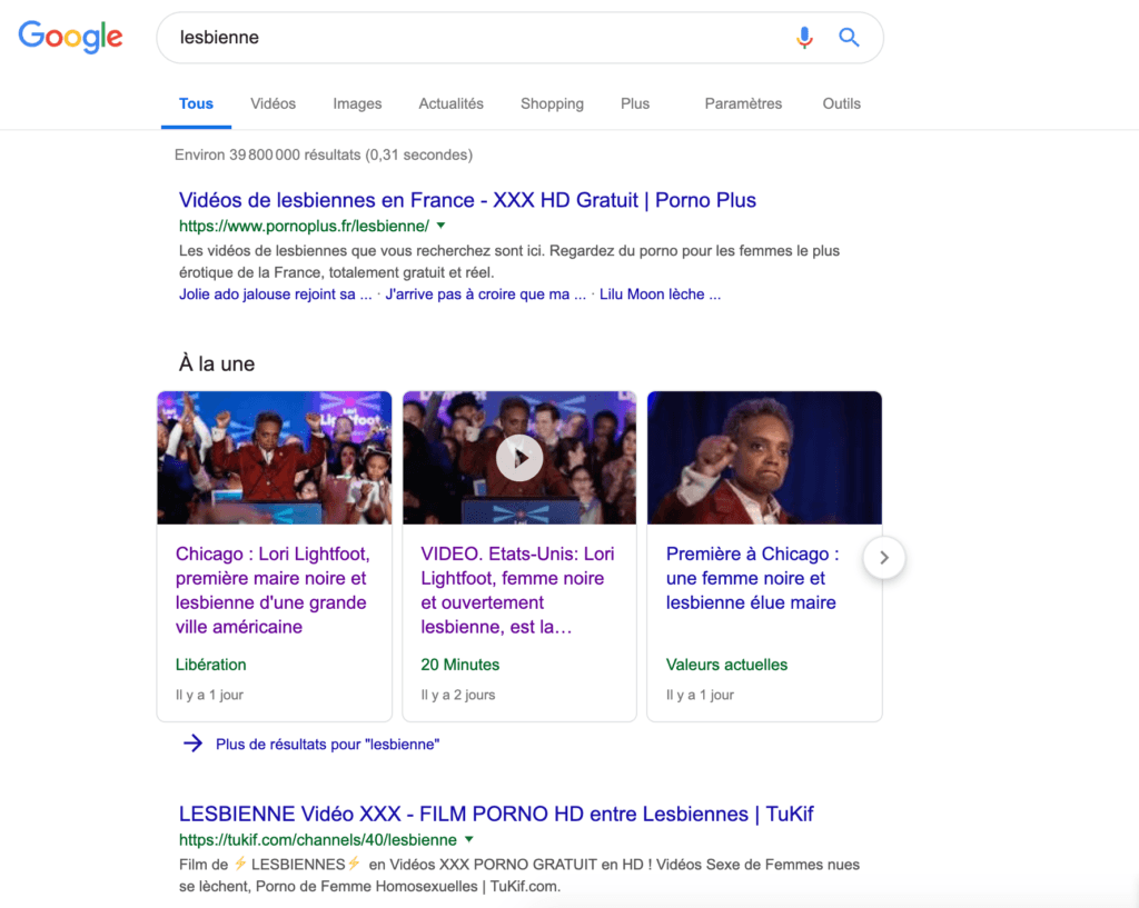 Capture d'écran d'une recherche "lesbienne" sur Google le 5 avril 2019