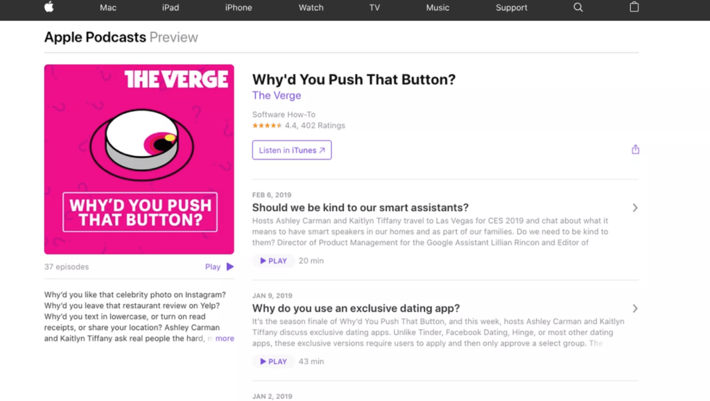 La nouvelle version du site web d'Apple Podcasts // Source : The Verge