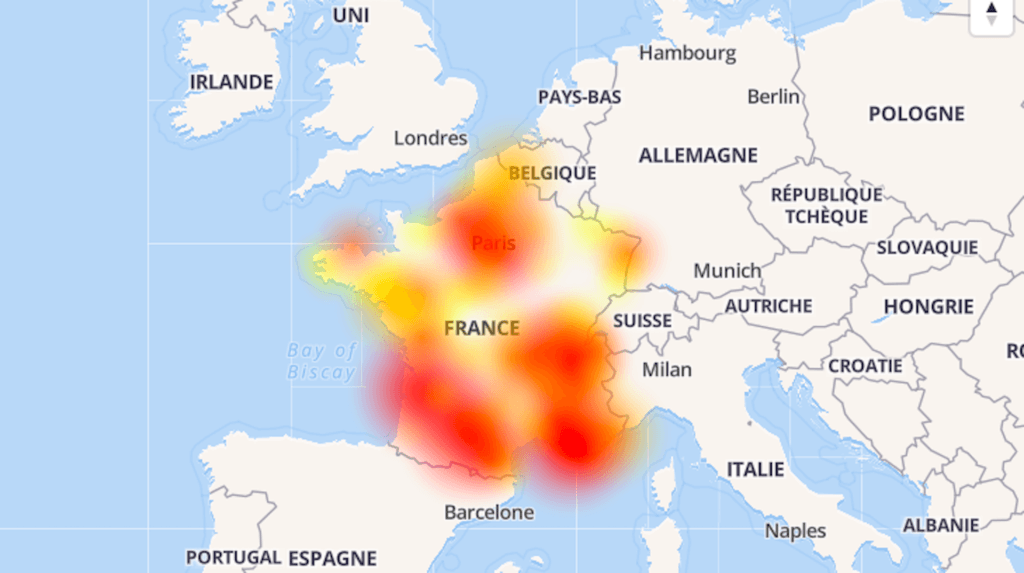 La carte des pannes Orange signalées ce 15 avril 2019 // Source : downdetector.fr